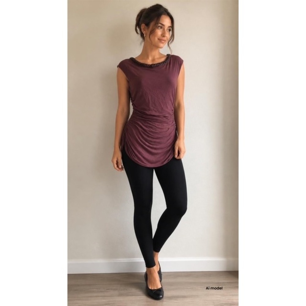 Bailey 44 Plum Ruched Sleeveless Tunic Top Chain Link‎ Neck Burgundy Medium